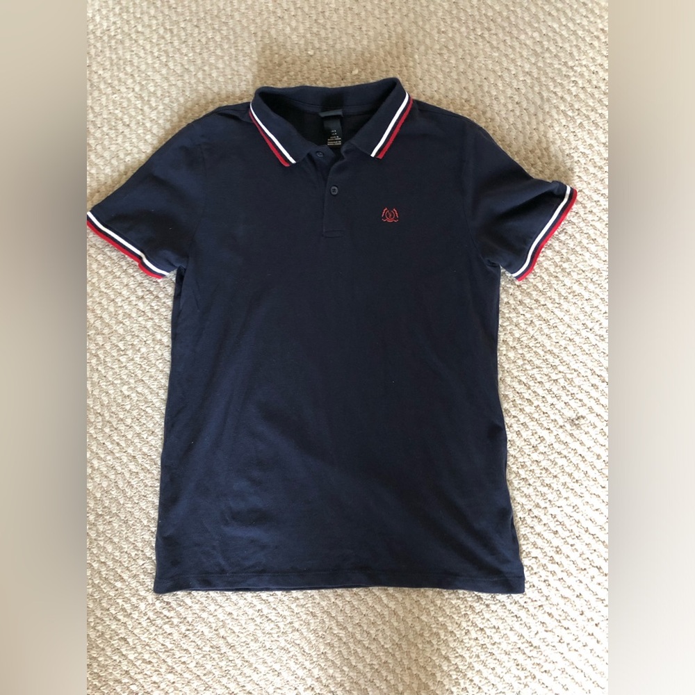 H&M Men's Navy Polo Shirt with Red Trim size small